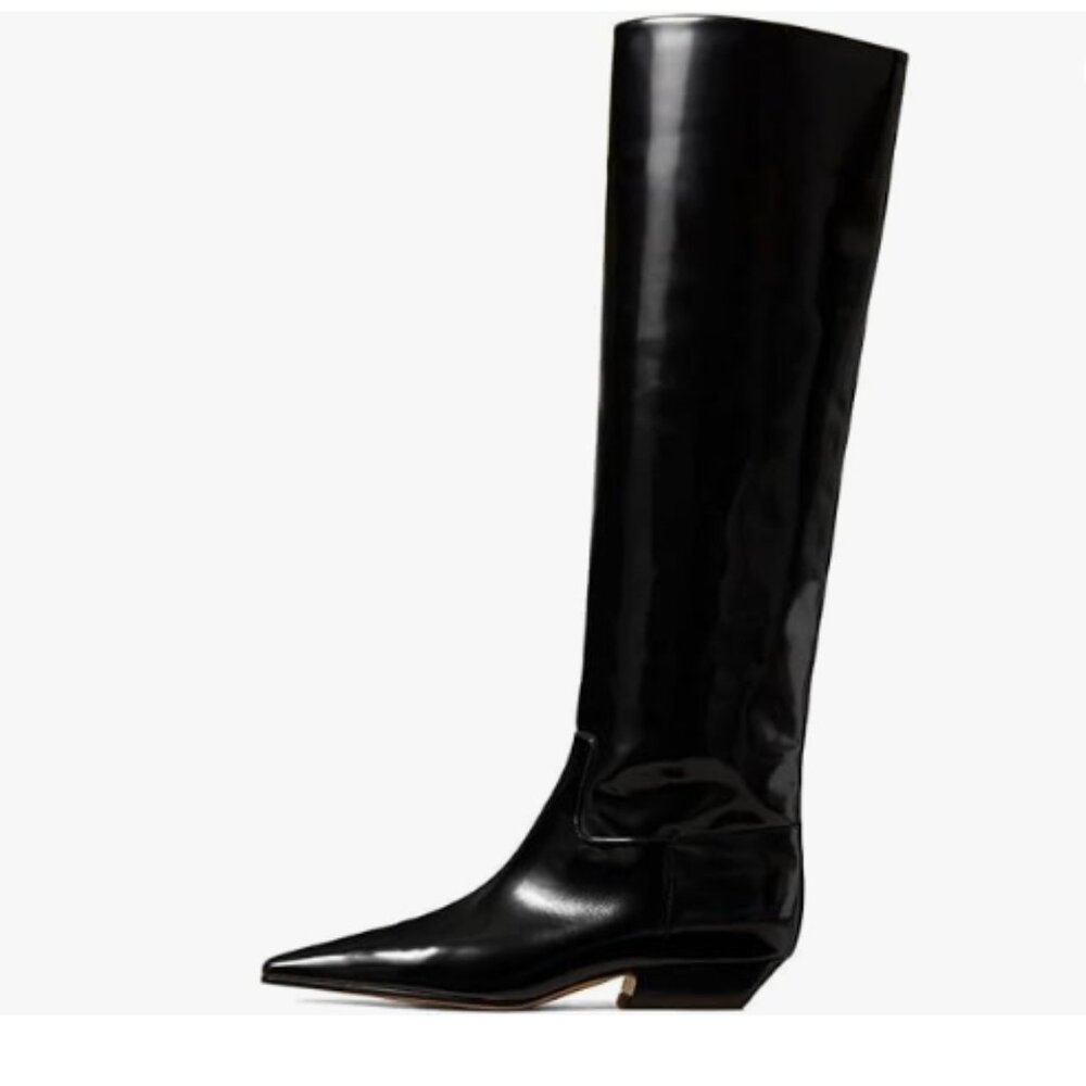 miss left Women Square Toe Knee High Boot Wide Calf Low Chunky Heels Black